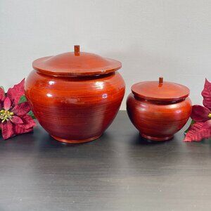 Wooden Jar with Lid, Wood Container, Set of Two, VIETNAM, Vintage, Brown, Money